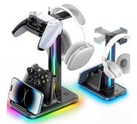 Support de casque et contrôleur 4 en 1 pour bureau, support de casque rotatif à 360° avec support de téléphone, 10 modes RVB pour accessoires de Mesa Gamer, P5/SW/Xbx Levitating Gaming Headset et