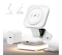 Support de charge magnétique sans fil 5 en 1 pour Apple MagSafe avec veilleuse pour iPhone 17/16/15/14/13/12, AirPods, chargeur magnétique de voyage, station de charge de chevet (adaptateur inclus)