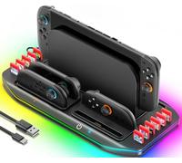 Support de Charge pour Manettes Switch 2, Dock de Charge 4 Manettes Simultanément avec Stockage Dock TV SW2 & 12 Cartes de Jeu, Lampe Ambiante 9 Modes, Rangement et Accessoire 3DS et 2DS