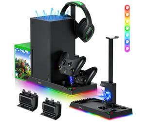 Support de Charge RGB avec Ventilateur de Refroidissement pour Xbox Series X Console & Manette, Station de Chargeur & Refroidisseur Accessoires avec 15 Lumières RGB & 2 x 1400mAh Batterie Rechargeable