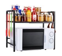 Support de Four à Micro-Ondes Extensible 40-64CM, Étagère Micro-Ondes avec 6 Crochets, Étagère de Rangement Cuisine à 2 Niveaux