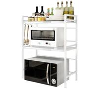 Support de Four à Micro-Ondes Extensible, Meuble Micro Ondes Cuisine Rangement, Étagère Extensible Micro Onde à Poser, Equipé d'un Crochet, en Acier au Carbone (Blanc/3 Couches,40-64x36.5x78 cm)