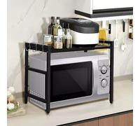 Support de Four à Micro-Ondes Extensible, Meuble Micro Ondes Cuisine Rangement, Étagère Extensible Micro Onde à Poser, Equipé d'un Crochet, en Acier au Carbone (Noir/2 Couches,40-64x36.5x45 cm)