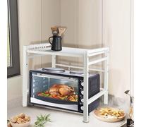 Support de Four à Micro-Ondes Extensible, Meuble Micro Ondes Cuisine Rangement, Étagère Extensible Micro Onde à Poser, Equipé d'un Crochet, en Acier au Carbone (Blanc/2 Couches,40-64x36.5x45 cm)