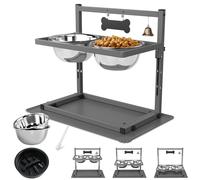 Support de gamelle surélevée grise pour chien avec deux gamelles de nourriture en acier inoxydable de 1700 ml, une alimentation lente et un tapis d'alimentation en silicone pour animaux de compagnie