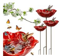 Support de Jardin en métal avec Fleur et coupelle d'eau - Station d'abreuvage Artisanale pour Abeilles et Oiseaux - Décoration extérieure colorée pour pollinisateurs (Red,3PCS)