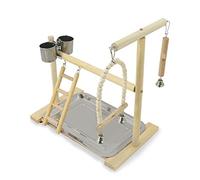 Support de jeu en bois pour cage à oiseaux, jouet à mâcher, échelle, perchoir, perchoir, centre d'activités avec tasses, aire de jeux pour oiseaux, perchoir en bois naturel avec bols grand pour