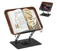 Support de livre en bois réglable, rotatif à 360 °, avec clip latéral, pliable et portable, élégant support de livre en bois pour livre de cuisine, recette, tablette, ordinateur portable, magazine