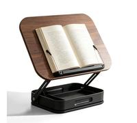 Support de livre pour lire : support de livre réglable en bois avec clip latéral et espace de rangement, mains libres, support de livre rotatif à 360° pour recettes, magazines, tablette, ordinateur