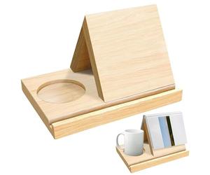 Support de livre triangulaire, repose-livre en bois pour lire avec porte-gobelet et support de téléphone intégrés, organisateur bureau multifonctionnel pour livres, tablette et tasse à café, trian