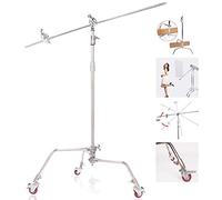Support de Lumière Robuste en Acier Inoxydable 300 cm avec Bras Girafe, Support Eclairage Réglable avec Roulettes Pivotantes pour Appareil d'éclairage Studio Photographie