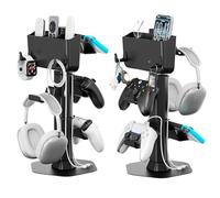 Support de Manette et Casque avec Panier de Rangement pour Télécommandes, Support de Bureau avec 2 Crochets (Montre/Câble/Porte-Clés), Accessoires pour PS5/PS4/Xbox/Switch, Porte de Manette et Casque