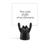 Support de mémo avec citation « Now is The Winter » en forme de chat noir