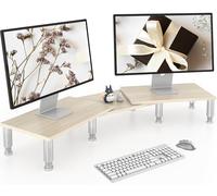 Support de moniteur double avec pieds en acier à hauteur réglable, support de moniteur en bois pour bureau, rehausseur de moniteur pour 2 moniteurs avec espace de rangement