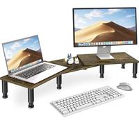 Support de moniteur double avec pieds en acier à hauteur réglable, support de moniteur en bois pour bureau, rehausseur de moniteur pour 2 moniteurs avec espace de rangement