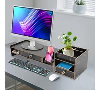 Support de moniteur en bois - Accessoires de bureau - 2 tiroirs - Avec 6 compartiments - Surélévation d'écran - Pour ordinateur portable (48 x 20 x 10,5 cm)
