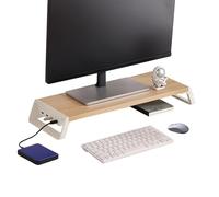 Support de moniteur - Organiseur de bureau avec 4 ports USB, 50 x 20 x 7,5 cm, support en bois pour écran d'ordinateur, accessoire de station de travail peu encombrant, rehausseur ergonomique pour
