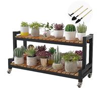 Support de plante en métal avec roulettes - Support pour pot de fleurs d'intérieur et d'extérieur - Étagère en bois facile à déplacer - Étagère de rangement polyvalente pour chaussures idéale pour la
