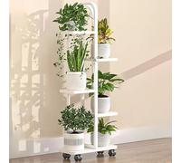Support de plantes en métal avec 5 niveaux sur roulettes - Support pour plantes en bois blanc - Pour terrasse, salon, balcon ou bureau