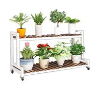 Support de plantes en métal pour intérieur et extérieur à 2 étages et 3 niveaux à roulettes, échelle en bois avec cadre en acier pour un rangement stable et durable