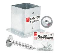 Support de poteau 100 x 100 mm galvanisé à chaud argenté avec 10 vis 8 x 40 mm - 1x douille à visser pour poteaux en bois - chaussure de poteau, ancrage de sol, support poutre - Lun Fix