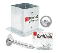 Support de poteau 90 x 90 mm galvanisé à chaud argenté avec 10 vis 8 x 40 mm - 1x douille à visser pour poteaux en bois - chaussure de poteau, ancrage de sol, support poutre - Lun Fix