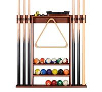 Support de Queue de Billard, Support Mural de Baton de Billard avec Support de Rangement, Bois Massif, Support de Billard 6 Trous et 15 Porte-balles, pour Centre de Divertissement de Gym