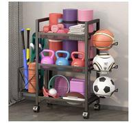 Support de rangement à 3 couches avec crochets, support d'haltères, support de tapis de yoga et panier à rouleaux en mousse pour salle de sport à domicile