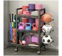 Support de rangement à 3 couches pour salle de sport à domicile, support d'haltères multifonction avec crochets, support de tapis de yoga et panier à rouleaux en mousse
