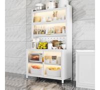 Support de rangement à 6 niveaux pour micro-ondes avec armoire et crochets - Grande capacité pour cuisine - Blanc - 100 cm