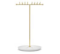 Support de rangement de bijoux de 32 cm avec plateau en métal blanc et barre en T dorée - Support double face pour collier, support à bijoux, arbre à bijoux pour femme - Décoration de chambre