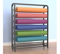 Support de rangement réglable pour rouleaux de tissu, structure robuste en acier avec roulettes, idéale pour un usage commercial. Ce support en métal réglable avec roulettes permet de ranger