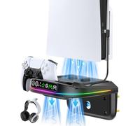Support de Refroidissement Mural PS5 avec Chargeur de Manette, Ventilateur avec 3 Vitesses et Éclairage Ambiant RVB, Support PS5 avec Station de Recharge et Accessoire PlayStation (Noir)