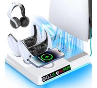 Support de Refroidissement PS5 Compatible PS5/ Slim/Pro, Chargeur Manettes PlayStation 5 avec Charge sans Fil, Support PS 5 avec Ventilateur 3 Vitesses et Lumière RVB, Station de Charge et Rangement