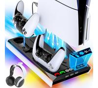 Support de Refroidissement PS5/Slim/Pro avec Ventilateur Automatique 3 Vitesses, Station de Ventilateur Vertical PS5 avec Chargeur de Manette, Base de Refroidissement et d'accessoires PS 5
