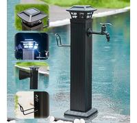 Support de robinet extérieur résistant au gel avec éclairage solaire, robinet colonne d'eau de 65,5 cm de haut, support de tuyau indépendant, long robinet noir pour jardin et terrasse.
