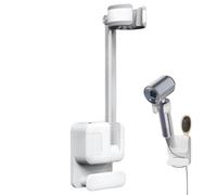 Support de Sèche-Cheveux pour Salle de Bain - Support Mural 360° | Séchage Mains Libres sans Perçage, Rack Ajustable en Aluminium et ABS, Accessoire Blanc de Rangement Mural Universel