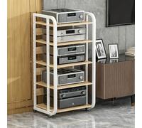 Support De Stockage De Composants Audio Multicouche,Rack Audio-Vidéo Réglable avec roulettes Bloquantes, Étagère Média 3 4 5 Niveaux, Cadre Acier et Étagères Bois(White,4-Layer a)