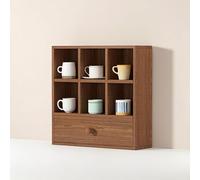 Support de tasse à café en bois massif avec plusieurs niveaux et tiroir, présentoir pour comptoir de cuisine et bar à café, étagère de table pour tasses et tasses à thé (couleur bois de noyer, 45 x 17