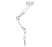 Support de Téléphone à Pince pour Bureau, Bras Long Articulé Réglable | Installation Facile, Angle Ajustable, Taille Modulable, pour Tablette et Téléphone, Finition Blanche