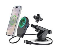 Support de téléphone magnétique sans fil 15 W avec câble USB-C rétractable intégré - Pare-vent, tableau de bord et grille d'aération pour téléphones portables