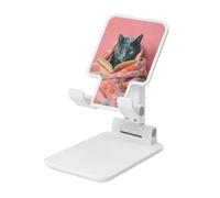 Support de téléphone portable pliable en forme de chat bleu russe lisant un livre - Angle réglable en hauteur - Compatible avec tous les smartphones - Style blanc