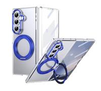 Support de téléphone pour étui Filp For Samsung Galaxy Z Fold 7 Case with Screen Protector, 360°Rotatable Ring Kickstand, Military Grade Shockproof Translucent Protective Case, Crystal Clear(Blu)