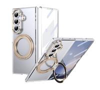 Support de téléphone pour étui Filp For Samsung Galaxy Z Fold 7 Case with Screen Protector, 360°Rotatable Ring Kickstand, Military Grade Shockproof Translucent Protective Case, Crystal Clear(Golden)