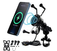 Support de téléphone sans fil pour moto 15 W Qi/USB Quick Charger, support de charge mobile avec cordon d'alimentation, rotation à 360 ° étanche pour rétroviseur de guidon, alliage d'aluminium