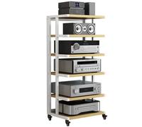 Support de tour audio à 6 niveaux - Armoire HiFi AV avec roulettes - Finition blanche et noyer - Rangement multimédia ouvert pour équipement stéréo et composants audio