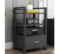 Support de tourne-disque à 3 niveaux réglable en hauteur avec roulettes - Armoire stéréo d'angle pour projecteurs, téléviseurs, routeurs et haut-parleurs - Étagère de rangement élégante pour médias