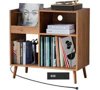 Support de tourne-disque en bois de noyer avec multiprise intégrée - Armoire de rangement en vinyle à 3 niveaux - Buffet moderne avec ports USB et gestion des câbles pour le salon