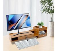 Support d'écran en bois - Accessoires de bureau - 2 tiroirs - Support en bois avec 6 compartiments - Surélévateur d'écran - Pour ordinateur portable - 48 x 20 x 10,5 cm
