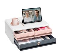 Support d'écran MoovUp Secure, avec 3 tiroirs, coloris blanc/rose/gris orage